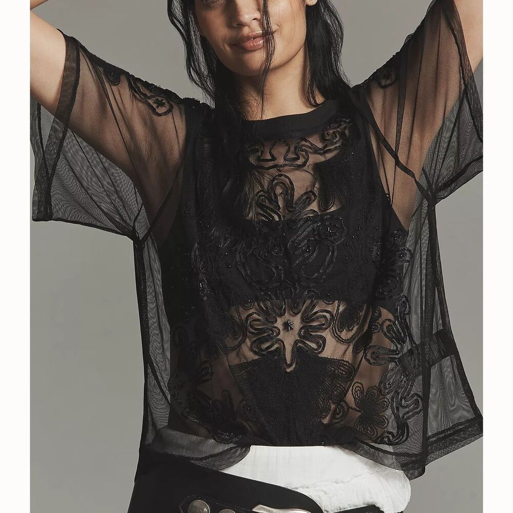 By Anthropologie Sheer Mesh Blouse Top Sheer Beaded Embroidered Black S 291627
